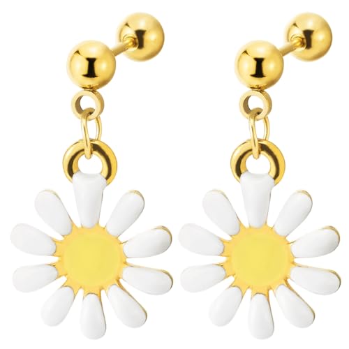 Gold Color Steel Barbell Ball Stud Earrings with Dangling Daisy Flower, Women, Screw Back