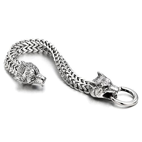 COOLSTEELANDBEYOND Biker Mens Stainless Steel Wolf Head Franco Link Curb Chain Bracelet with Spring Ring Clasp