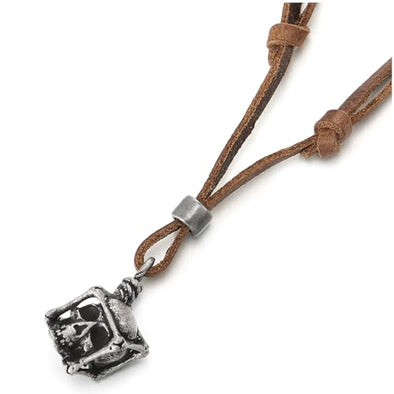 COOLSTEELANDBEYOND Mens Vintage Cube Skull Charm Pendant Necklace with Adjustable Brown Leather Cord