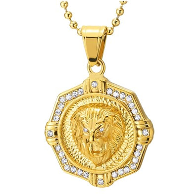 COOLSTEELANDBEYOND Mens Stainless Steel Gold Color Lion Head Pendant Necklace with Cubic Zirconia