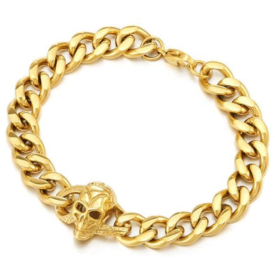 COOLSTEELANDBEYOND Gold Color Skull Curb Chain Bracelet Stainless Steel, Polished, for Men, Biker Hip Hop, Gothic