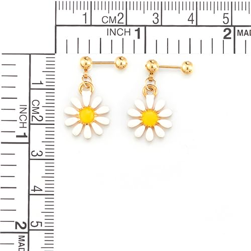 Gold Color Steel Barbell Ball Stud Earrings with Dangling Daisy Flower, Women, Screw Back