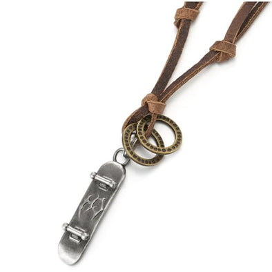 COOLSTEELANDBEYOND Skateboard Pendant, Charm Necklace for Men Women with Adjustable Brown Leather Cord