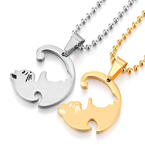 COOLSTEELANDBEYOND Pair Steel Matching Kitty Cat Friendship Pendant Necklace, Lovers Couples Friends