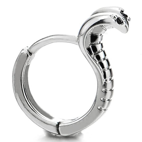 Stainless Steel Cobra Snake Earrings for Men Womens, Black Cubic Zirconia Eyes Huggie Hinged Hoop,