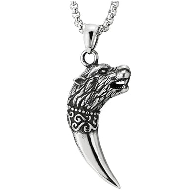 COOLSTEELANDBEYOND Tooth Tusk Horn Wolf Head Pendant Mens Stainless Steel Necklace with 30 inches Wheat Chain