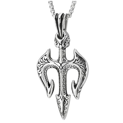 COOLSTEELANDBEYOND Neptune Trident Poseidon Protection Pendant, Stainless Steel Men Necklace, 30 in Wheat Chain