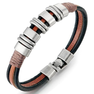 COOLSTEELANDBEYOND Brown Black Leather Bracelet Bangle with Metal Charms, Mens Women Leather Bracelet Wristband