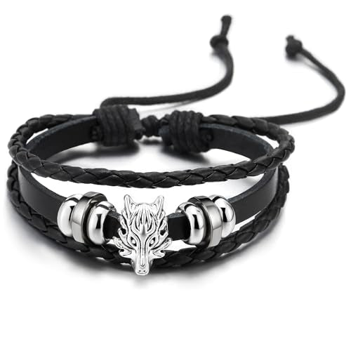 COOLSTEELANDBEYOND Mens Dragon Head Black Braided Leather Bracelet, Three-Strand Leather Wristband Wrap Bracelet