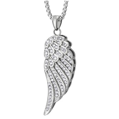 COOLSTEELANDBEYOND Large Iced Out Cubic Zirconia Angel Wing Pendant, Mens Womens Necklace, 30 inches Wheat Chain