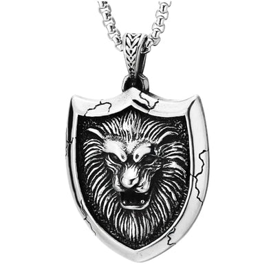 COOLSTEELANDBEYOND Vintage Steel Lion Head Shield Medallion Pendant Mens Necklace, 30 inches Wheat Chain