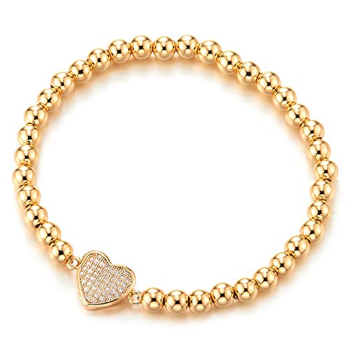 COOLSTEELANDBEYOND Rose Gold Beads Link Charm Bracelet for Women with Cubic Zirconia Heart Charm, Polished