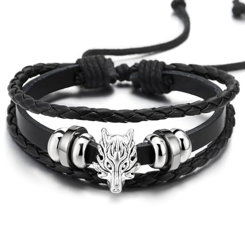 COOLSTEELANDBEYOND Mens Dragon Head Black Braided Leather Bracelet, Three-Strand Leather Wristband Wrap Bracelet