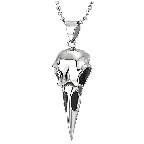 Stainless Steel Mens Womens Eagle Bird Skull Pendant Necklace with 30 Inches Ball Chain, Polished