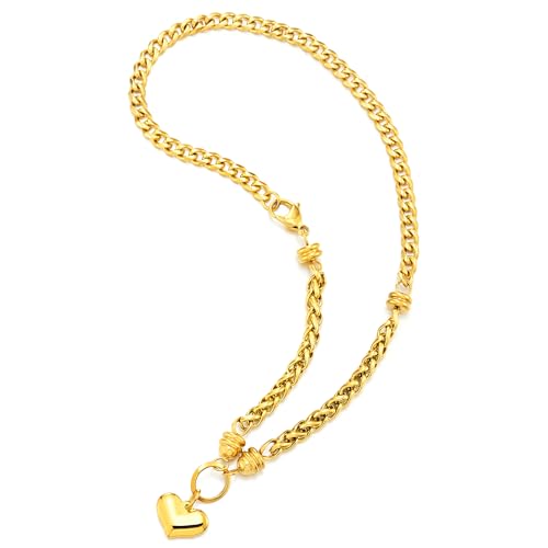 COOLSTEELANDBEYOND Hipster Gold Color Chain Necklace, Puff Love Heart Pendant Necklace Steel Gold Color Polished, Women