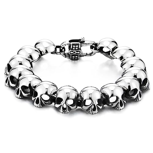 Gothic Duivel Armband Voor Heren - Drie Vintage Stalen Schedels Met Zwart Gevlochten Leren Band