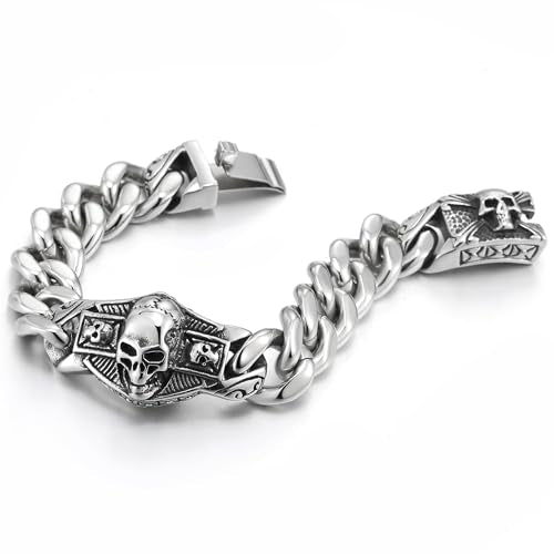 COOLSTEELANDBEYOND Stainless Steel Curb Chain Mens Large Skull ID Identification Bracelet, Skull Charm Clasp