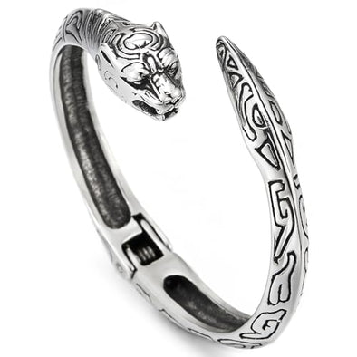 COOLSTEELANDBEYOND Mens Steel Leopard Cuff Bangle Bracelet with Tattoo Totem Patterns, Spring Closure, Retro Style