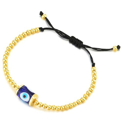 COOLSTEELANDBEYOND Gold Color Bead Chain Bracelet with Protection Evil Eye, for Womens, Adjustable