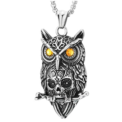 COOLSTEELANDBEYOND Owl and Skull Pendant, Mens Stainless Steel Vintage Necklace with 30 inches Wheat Chain