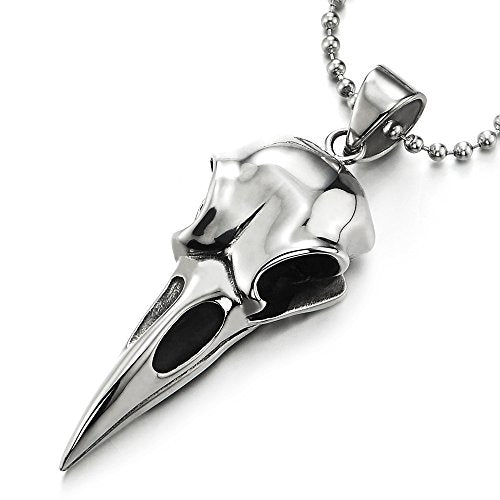 Stainless Steel Mens Womens Eagle Bird Skull Pendant Necklace with 30 Inches Ball Chain, Polished