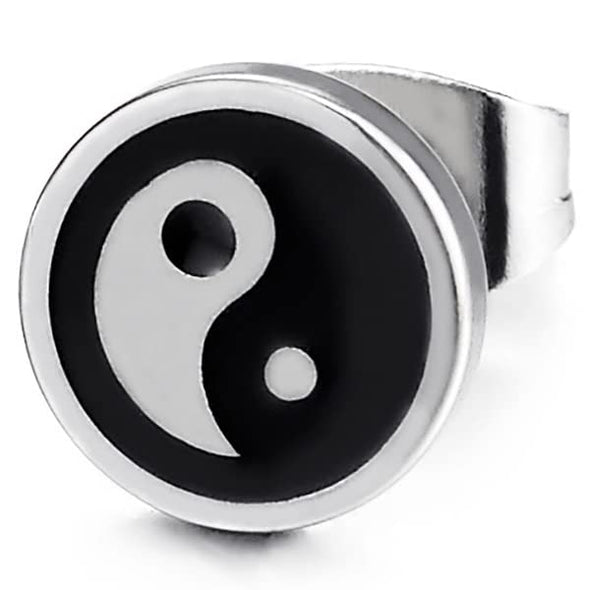 Pair Stainless Steel Circle Yin-Yang Stud Earrings with Black Enamel, for Men Women