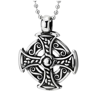 COOLSTEELANDBEYOND Stainless Steel Celtic Cross Pendant Vintage Pattern, Mens Women Necklace with 30 in Ball Chain
