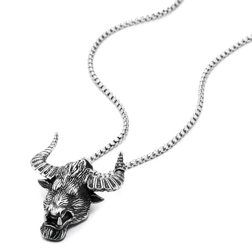 COOLSTEELANDBEYOND Large Bull Ox Head Pendant, Vintage Big Horn, Mens Stainless Steel Necklace, 30 Inches Wheat Chain