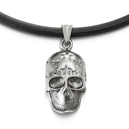 COOLSTEELANDBEYOND Punk Rock Skull Leather Necklace, Mens Women Pendant Necklace with Black Leather Cord