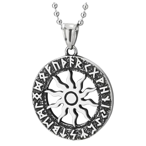 COOLSTEELANDBEYOND Sun Disk Amulet Talisman Wheel Pendant with Old Futhark, Mens Steel Necklace Medallion Circle Medal