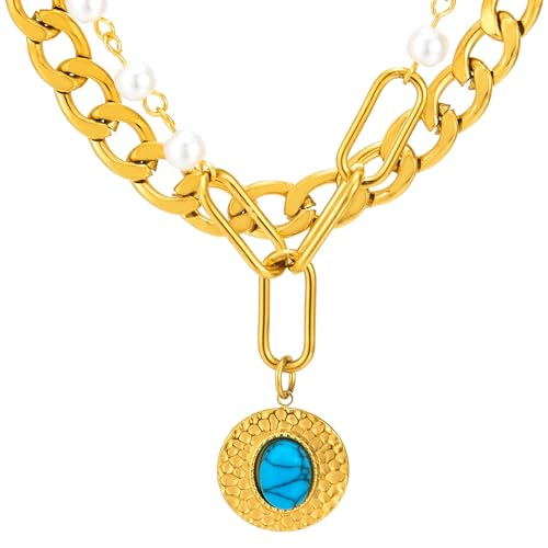 Hip Hop Gold Color Chain Layered Necklace, Two-strand Pearl Necklace with Circle Turquoise Charm