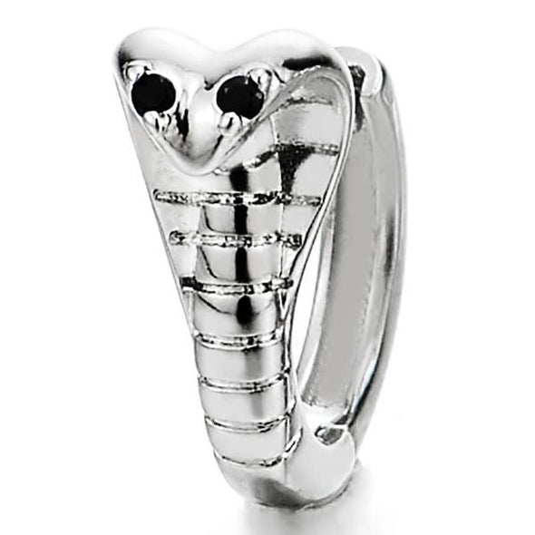 Stainless Steel Cobra Snake Earrings for Men Womens, Black Cubic Zirconia Eyes Huggie Hinged Hoop,