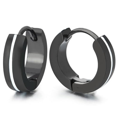 Black Hoop Earrings with White Enamel, Pair Stainless Steel Mens Womens Huggie Hinged Earrings