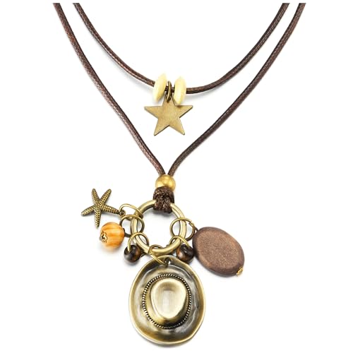 COOLSTEELANDBEYOND Bronze Cowboy Hat Star Pendant, Two-layer Cotton Rope Necklace for Men Women