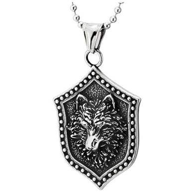COOLSTEELANDBEYOND Vintage Viking Wolf Head Knight Shield Pendant, Mens Stainless Steel Necklace, 30 inches Ball Chain