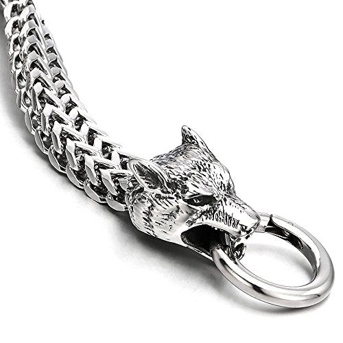 COOLSTEELANDBEYOND Biker Mens Stainless Steel Wolf Head Franco Link Curb Chain Bracelet with Spring Ring Clasp