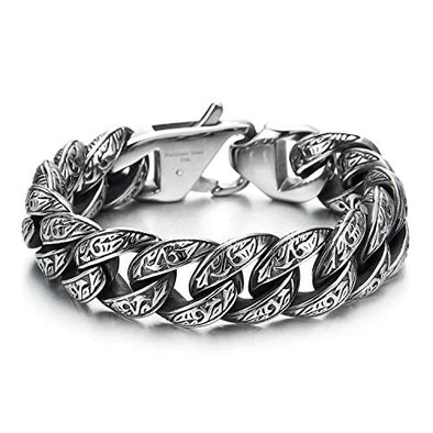 COOLSTEELANDBEYOND Mens Stainless Steel Vintage Fancy Curb Chain Bracelet with Tribal Tattoo Pattern, Retro Style, 8 inches