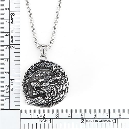 COOLSTEELANDBEYOND Norse Viking Necklace, Wolf Head Medal Pendant, Nordic Futhark Runes Compass, Mens Steel Necklace