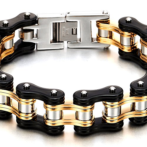 COOLSTEELANDBEYOND Masculine Mens Bike Chain Bracelet of Stainless Steel Two-Tone Polished