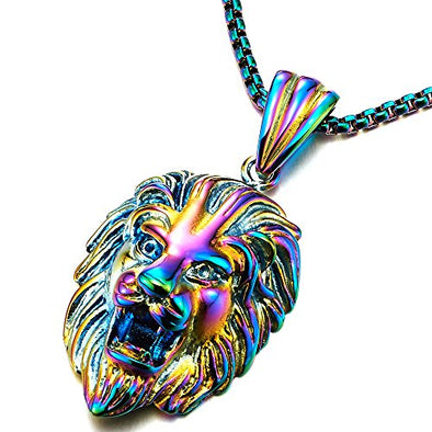 COOLSTEELANDBEYOND Exclusive Mens Womens Steel Colorful Lion Head Pendant Necklace with 24 inches Steel Wheat Chain