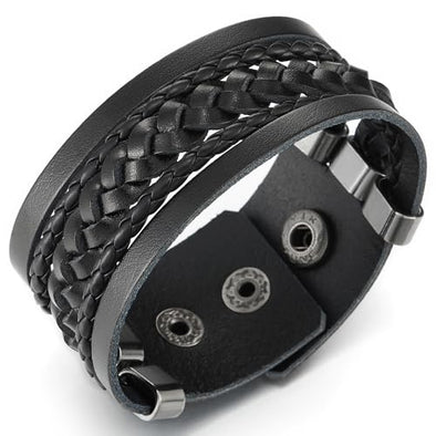 COOLSTEELANDBEYOND Multi-Strand Wide Leather Bracelet, Black Braided Leather, Wristband, Mens Womens, Rock Punk