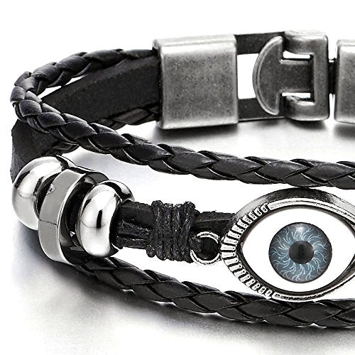 COOLSTEELANDBEYOND Mens Womens Three-Row Leather Evil Eye Beads Charms Bracelet Wristband Wrap Bracelet