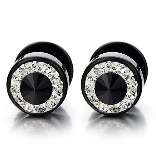 Mens Stud Earrings Stainless Steel Illusion Tunnel Plug Screw Back with Cubic Zirconia, 2pcs