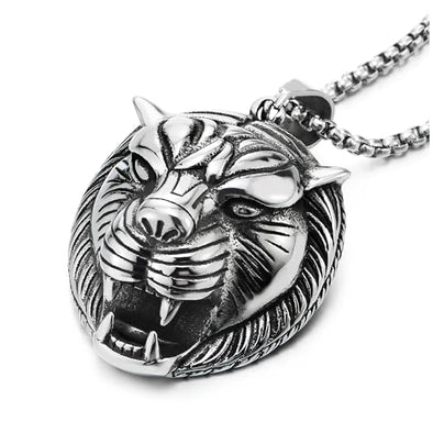 COOLSTEELANDBEYOND Stainless Steel Mens Tiger Head Pendant Necklace with 30 inches Wheat Chain