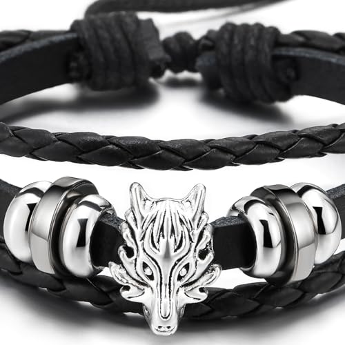 COOLSTEELANDBEYOND Mens Dragon Head Black Braided Leather Bracelet, Three-Strand Leather Wristband Wrap Bracelet