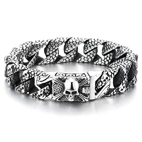 Biker Bracelet Men's Polished Stainless Steel Punk Biker Rocker Skull Head Chain... Biker Jewelry For Men - Foto 5