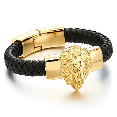 COOLSTEELANDBEYOND Mens Large Braided Leather Bracelet with Steel Lion and Genuine Leather Straps