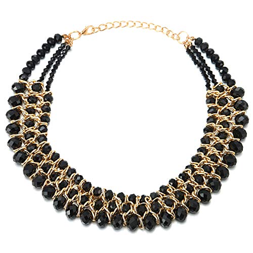 Statement Necklace Black Faceted Crystal Beads String Gold Braided Chain Pendant