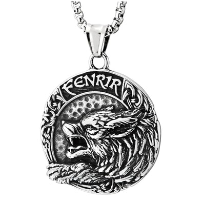 COOLSTEELANDBEYOND Norse Viking Necklace, Wolf Head Medal Pendant, Nordic Futhark Runes Compass, Mens Steel Necklace
