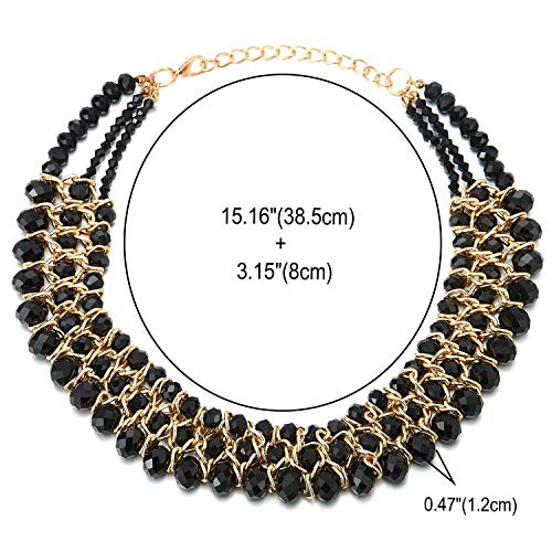 Statement Necklace Black Faceted Crystal Beads String Gold Braided Chain Pendant